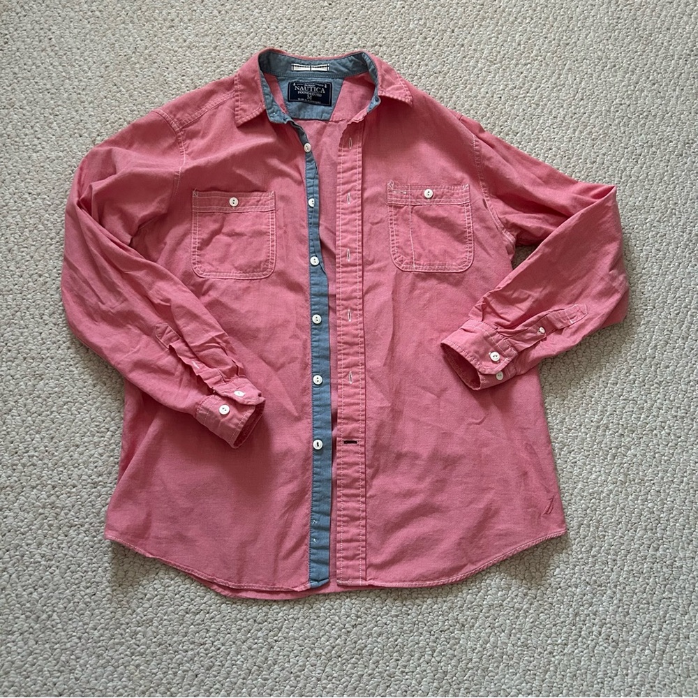 Nautica Men’s Red Buttoned Long Sleeve Shirt - Size Medium